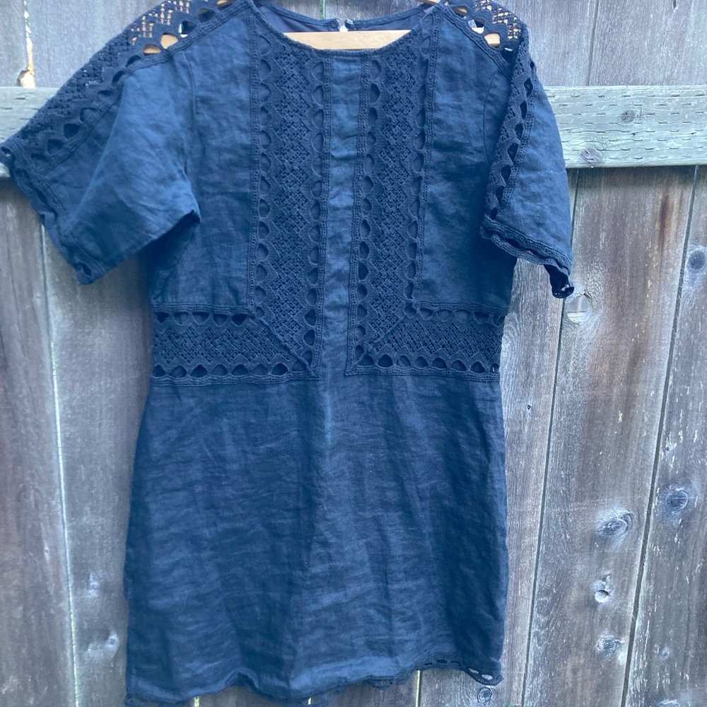 Black linen short dress or tunic with crochet lace accents